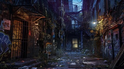 Fototapeta premium Capture the essence of love in a forbidden urban sanctuary Use groundbreaking lighting techniques to portray the raw emotions of secret rendezvous amidst decaying architecture and