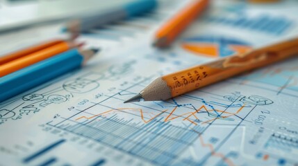 A close-up image of a pencil on a desk with a financial graph in the background.