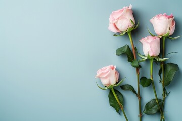 pink roses on a light blue background with copy space for text. mockup, valentines day, mothers Day, women's Day concept, flat lay, top view, copy space