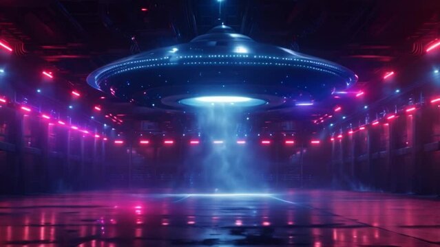 Alien flying saucer or UFO Blowing smoke at night floating above the sky. Flying objects such as spaceships and alien invasions. Extraterrestrial life. Space travel. Spaceships.