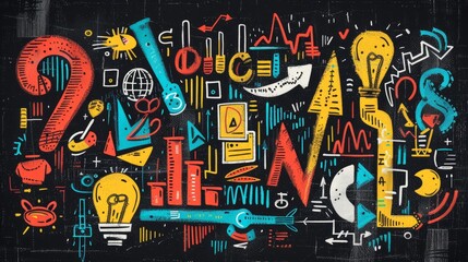 A colorful and abstract illustration of a science theme with gears, light bulbs, and arrows.