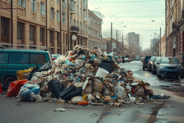 City in are garbage overflowing environmental pollution solid waste disposal, street AI Generative