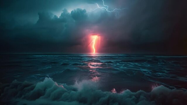 a landscape in the style of studio depicting a bright lightning bolt against a dark sky. the ocean rages below