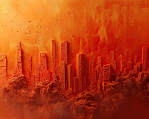 Conceptual artwork depicting a cityscape engulfed in fiery orange tones, symbolizing destruction or...