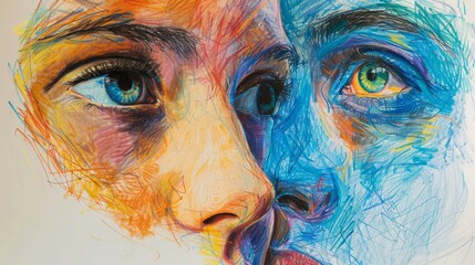 A colorful drawing of two faces looking at each other.