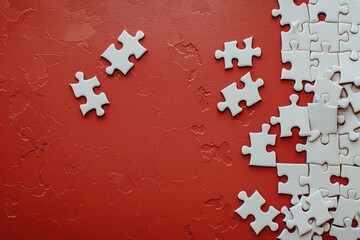 White jigsaw puzzle completed on bold red background, representing completion
