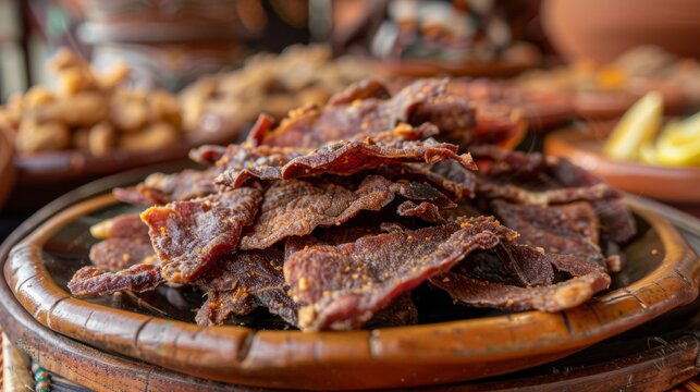 The cuisine of Bolivia. Charque&mdash; dried and fried alpaca meat.