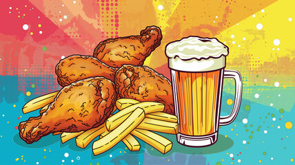 Pop art fried chicken and fries, beer. Colorful background in pop art retro comic style. Fastfood concept, Unhealthy meal - obrazy, fototapety, plakaty