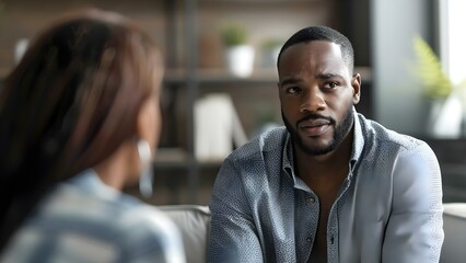 African American therapist listens to unhappy adult during counseling session. Concept Mental Health, Therapy Session, Counseling, Communication, Support