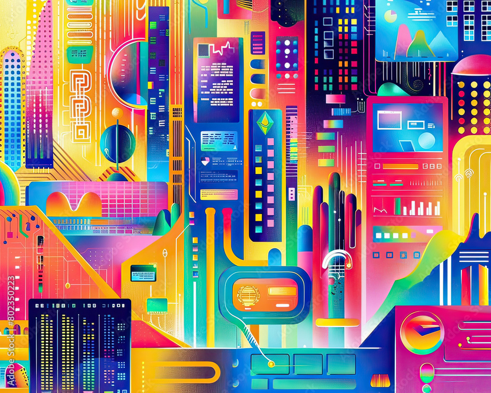 Poster a concept art piece with a colorful, abstract representation of a tech-oriented cityscape with vario