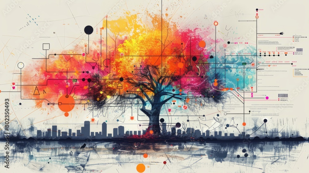 Poster A digital painting of a tree with a cityscape in the background. The tree is made up of bright colors and has a circuit board pattern on its trunk.