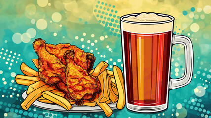 Pop art fried chicken and fries, beer. Colorful background in pop art retro comic style. Fastfood concept, Unhealthy meal - obrazy, fototapety, plakaty