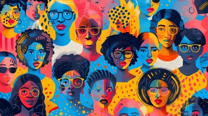 A diverse group of women with different skin tones, hairstyles, and clothing wearing glasses.