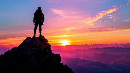 Obraz premium A person in silhouette on the top of a peak looking at the sky. 