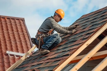 A roofer doing his work on a residential house.