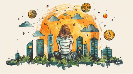 A girl is sitting on a hill overlooking a city. The sky is full of money.