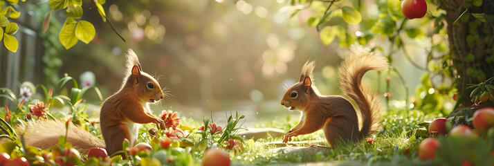 The Whimsical Play of Squirrels in a Sunlit, Verdant Garden: A Scene Of Nature's Innocent...