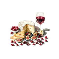 Watercolor illustration of red wine with various kinds of dried fruits and cheese on white background.
