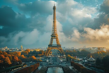 A stunning sunset view of Eiffel Tower ,nearby buildings in Paris