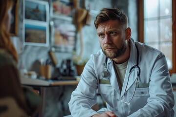 Obraz premium Military doctor middle aged man in white coat with stethoscope, listens to complaints of patient in hospital on military base. Military medicine concept