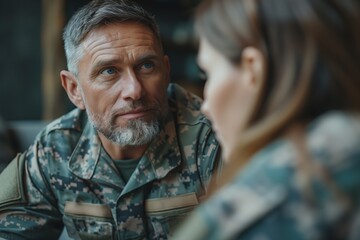 Fototapeta premium Veteran male instructs novice female soldier within confines of military base. Elderly military soldier imparts experience young recruit. Concept of army mentorship