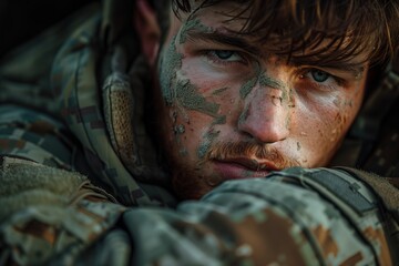 Young sad soldier with psychological problems, 21s military man with dull look is going through problems. Close up face view. Concept PTSD in military