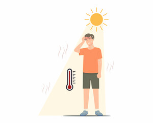 exhausted Tired Male due to extreme heat outside at home summer global warming and climate change effect vector illustration