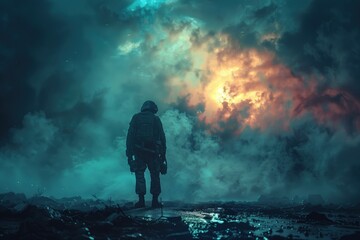 Soldier in sad pose backdrop of destruction caused by war. Military man stands in gray blue smoke and fog, having suffered psychological trauma after end of hostilities. Concept of PTSD in soldiers