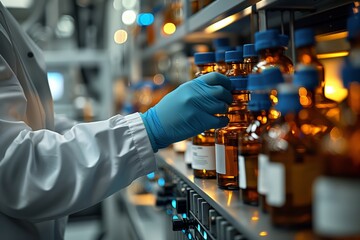 Scientist selecting vials in a laboratory - obrazy, fototapety, plakaty