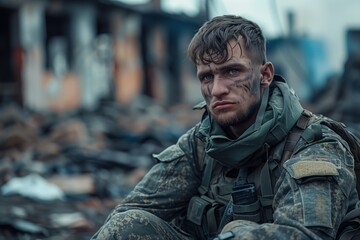 Soldier sits sadly after battle against backdrop of destruction caused by the war, military man developed psychological problems after fight. Concept psychological trauma in soldiers