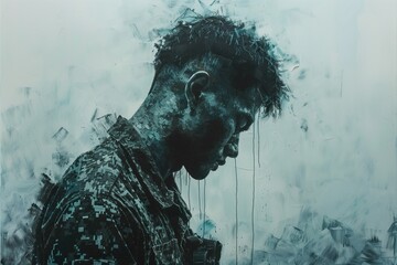 Military men sad with psychological trauma received during fighting. Soldier with PTSD lowered head and closed eyes. Concept PTSD in veterans