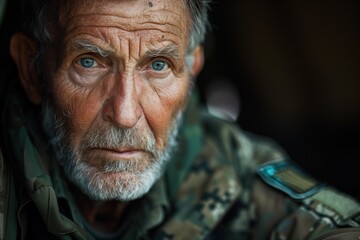 Obraz premium Elderly veteran soldier in uniform recalls traumatic military events. Portrait of caucasian soldier 60s, close up with space for text