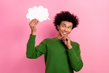 Photo of happy positive guy hold speech bubble thinking idea isolated pastel color background