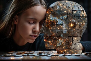 The girl and puzzle head background. Autism concept