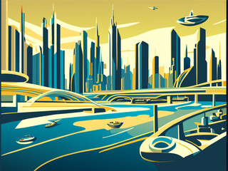 city of the future retro futurism landscape skyscrapers river detailing cyberpunk, vector