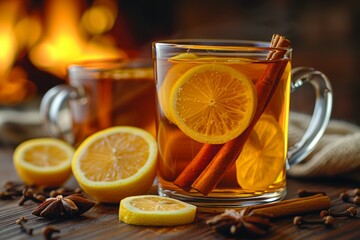 Warm holiday beverage: Mulled wine with cinnamon, anise, orange, and spices, served in rustic glasses.