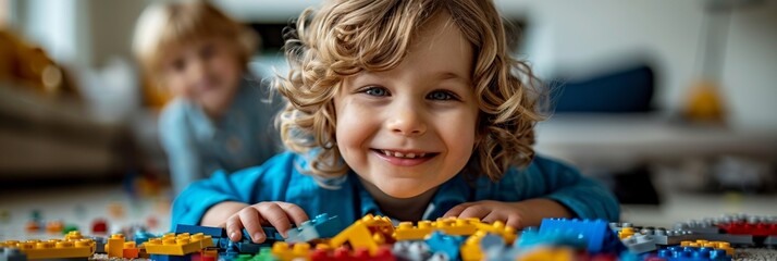 In kindergarten, a cheerful little boy enjoys playing with colorful plastic blocks, fostering creativity and happiness.