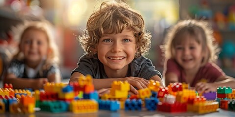 Cheerful preschool boys engaged in educational play, building with colorful blocks in their cheerful classroom.