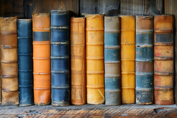 A vintage bookshelf filled with old literature, showcasing knowledge and history with stacks of hardcover books.