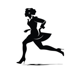 Fototapeta na wymiar Woman with dress running flat black and white silhouette vector illustration