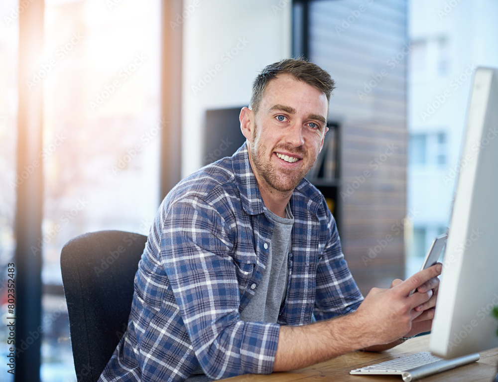 Poster phone, computer and portrait of creative businessman in office with opportunity, confidence and tech