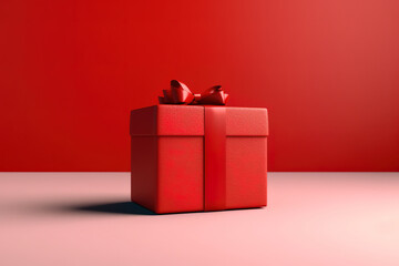Fototapeta premium One red gift box with red ribbon bow on pink and red background with place for text. Valentine's Day, Happy New Year, Merry Christmas. Shopping Sale.