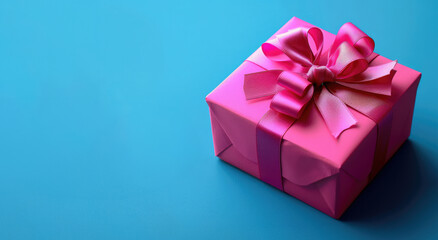 Fuchsia color wrapped present box with ribbon bow on it. Vivid blue background with place for text on left side. Happy Holidays or Shopping Sale.