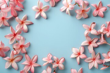 pink frangipani flowers on a light blue background with copy space in the center. mockup, valentines day, mothers Day, women's Day concept, flat lay, top view, copy space