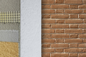 Polystyrene panels for external thermal insulation of buildings - An example demonstrating application phases against a thermally insulated brick wall - Enhanced energy efficiency and performance - obrazy, fototapety, plakaty