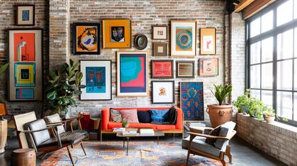 A gallery wall adorned with eclectic frames showcasing abstract artwork.