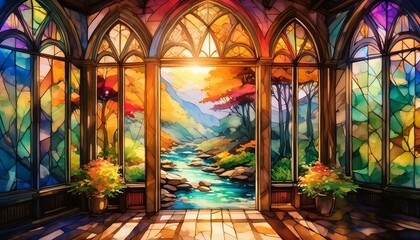 Obraz premium tranquil hideaway, with soft sunlight filtering through stained glass windows, casting watercolor effect serene landscape paintings lining walls. stream overlay animation 