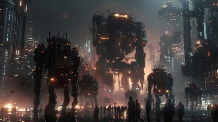 scene that merges the mechanical precision of robotic street dancers with the chaotic backdrop of a dystopian cityscape at an intriguing tilted angle Play with lighting contrasts to evoke a se