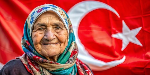 Fototapeta premium On August 30, Victory Day in Turkey, Zafer Bayrami, large portrait of beautiful Turkish smiling happy senior woman on background of Turkish flag. concept is a public holiday, patriotism, copy space