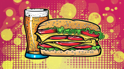 Pop art Sandwich and beer. Colorful background in pop art retro comic style. Snack food - obrazy, fototapety, plakaty